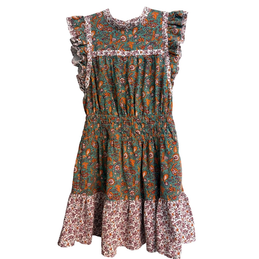 Universal Thread Floral Ruffle Mini Dress Teal Orange Smocked Large Peasant